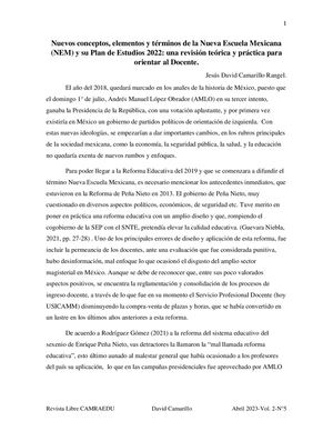 Artículo Nuevos Conceptos, Elementos Y Términos De La Nueva Escuela Mexicana Y Su El Plan De Estudios 2022 David Camarillo