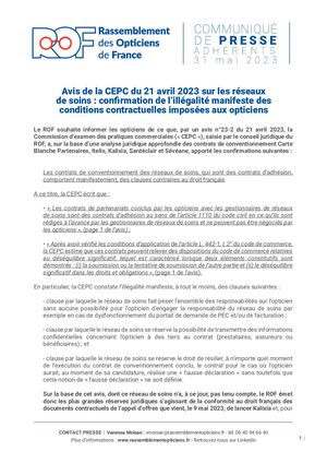 CP - Avis de la CEPC du 21 avril 2023 sur les réseaux de soins : confirmation de l’illégalité manifeste des conditions contractuelles imposées aux opticiens