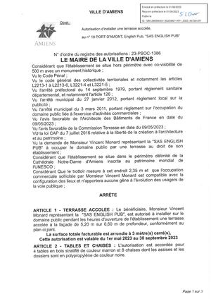 AR1-2023-00728 Arrêté D'installation D'une Terrasse Accolée, 18 Port D'amont, English Pub, Sas English Pub