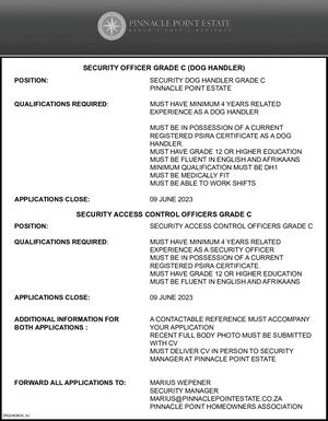 “Security vacancies available at Pinnacle Point”