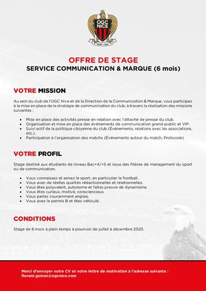 Offre de stage OGC Nice | Service com' et marque