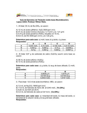 Guía De Ejercicios De Titulación áCido Base