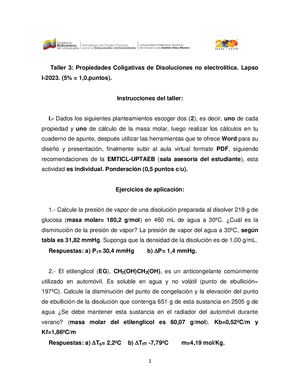Taller 3 Propiedades Coligativas De Las Disoluciones No Electrolítica
