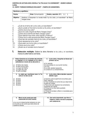 Control De Lectura La Tia Julia Y El Escribidor