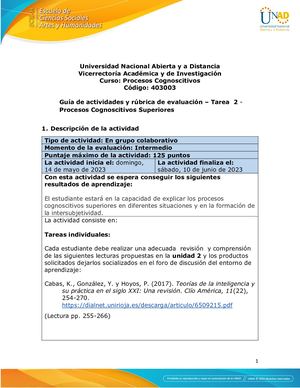 Guía De Actividades Y Rúbrica De Evaluación Unidad 2 Tarea 2 Procesos Cognoscitivos Superiores