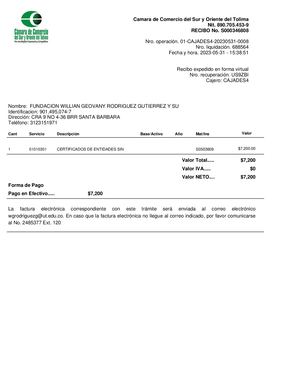 Recibo De Caja Camara De Comercio