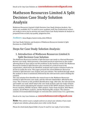 Matheson Resources Limited A Split Decision Case Study Solution Analysis