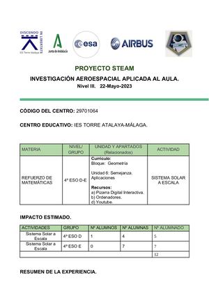 IES TORRE ATALAYA. STEAM AEROESPACIAL. N-III.