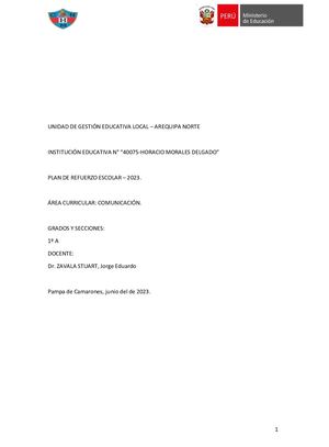 Plan De Refuerzo Escolar Comunicación 1o secundaria– 2023