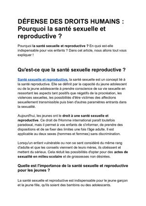 Défense Des Droits Humains : Pourquoi la Santé Sexuelle Et Reproductive ?