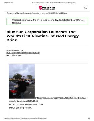 Blue Sun Corporation Launches The World's First Nicotine Infused Energy Drink
