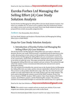 Eureka Forbes Ltd Managing The Selling Effort (A) Case Study Solution Analysis