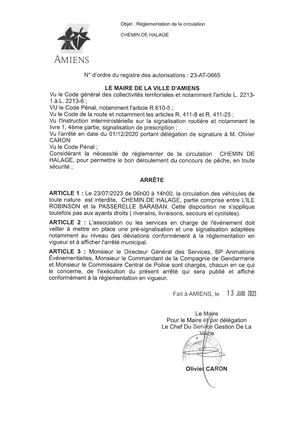 23 At 0665 Arrête De Réglementation De La Circulation Chemin Du Halage à Amiens Le 23 07 2023