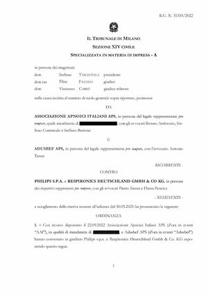Décision du tribunal de Milan (Italie) dans l'affaire des respirateurs Philips défaillants
