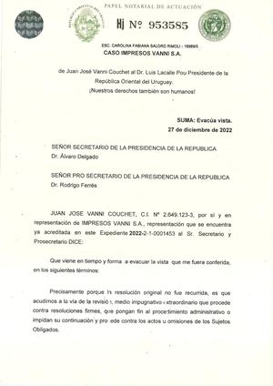 15 De Junio de 2023. Infructuosa gestión ante el Dr. Luis Lacalle Pou  Presidente de la República Oriental del Uruguay.