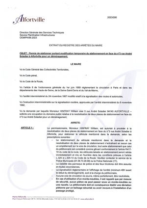 2023 295 Arrêté Permis De Stationner N° 3 Rue André Soladier