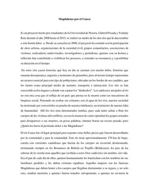 Magdalenas Por El Cauca, Ensayo Crítico Reflexivo