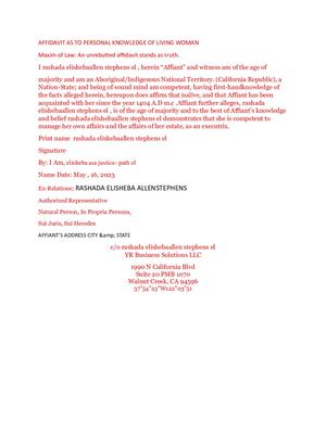Affidavit As To Personal Knowledge Of Living Woman Rashada