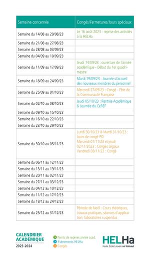 Calendrier Academique Helha 2023 24