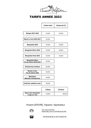 Vincent Lefevre Viticulteur Tarifs 2023
