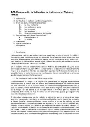 Tema 71 Recuperación De La Literatura De Tradición Oral Tópicos Y Formas Docx Documents De Google