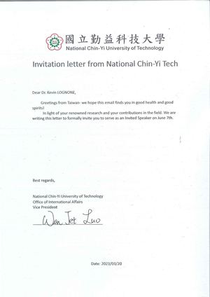 Kevin Lognoné invité à intervenir à la 國立勤益科技大學 National Chin-Yi University of Technology (Taiwan)