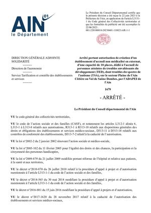 Arrêté Portant Autorisation De Création D'un éTs D'accueil Non Médicalisé Plain De L'ain Cotière Ou Vla De Sone Dombes Adapei De L'ain