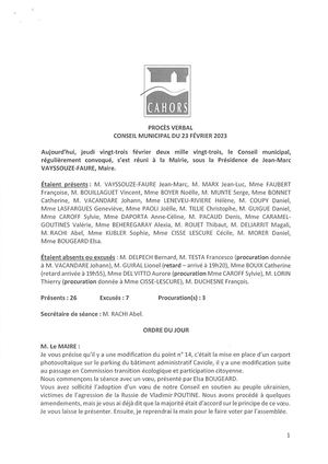 Procès verbal du conseil municipal - Séance du 23 février 2023