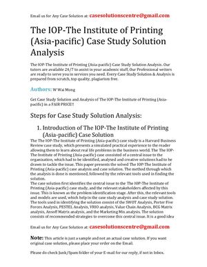 The IOP The Institute Of Printing (Asia Pacific) Case Study Solution Analysis