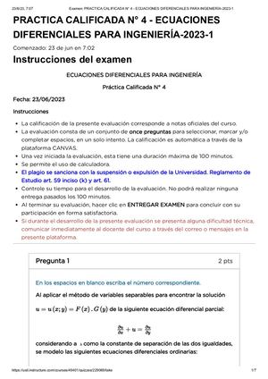 Examen_ PRACTICA CALIFICADA N° 4 - ECUACIONES DIFERENCIALES PARA INGENIERÍA 2023 1