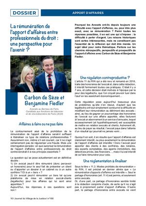 [APPORT D’AFFAIRES] Carbon de Seze et Benjamine Fiedler, «La rémunération de l’apport d’affaire entre professionnels du droit: une perspective pour l’avenir?»