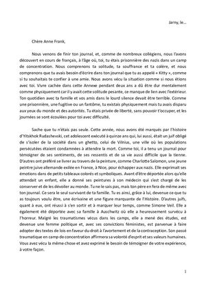 Lettre Collège Louis Aragon Jarny - Concours Anne Frank