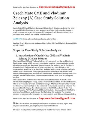 Czech Mate CME And Vladimir Zelezny (A) Case Study Solution Analysis