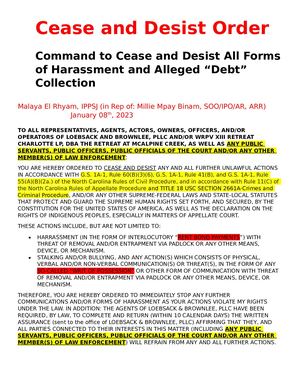 Cease and Desist Order - WRPV III RETREAT CHARLOTTE LP dba The Retreat at McAlpine Creek - Malaya El Rhyam