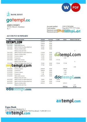 Russia Zenit Bank bank proof of address statement template in Word and PDF format