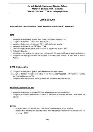 Conseil d’Administration du CCAS de Cahors du mercredi 29 mars 2023