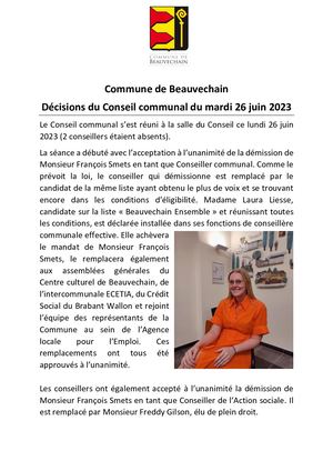 Décisions du Conseil communal du 26 juin 2023