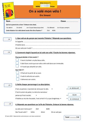 Fiches Eleves Et Corriges On a volé mon Vélo Syros