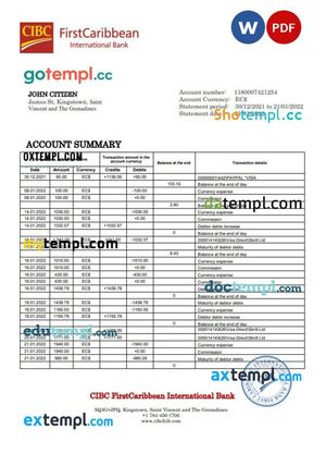 Saint Vincent and The Grenadines First Caribbean International Bank statement template in Word and PDF format