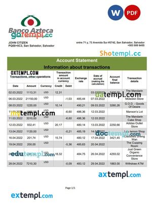 Salvador Banco Azteca bank statement template in Word and PDF format