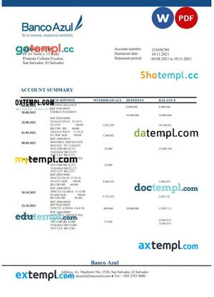 Salvador Banco Azul bank statement template in Word and PDF format