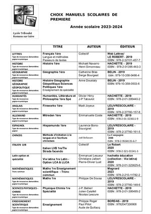 Manuels Scolaires en 1ère : 2023-2024