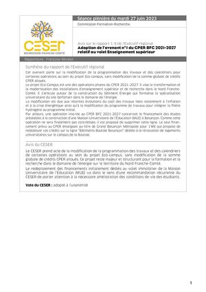 Adoption de l'avenant n° 1 du CPER BFC 2021-2027 relatif au volet Enseignement supérieur