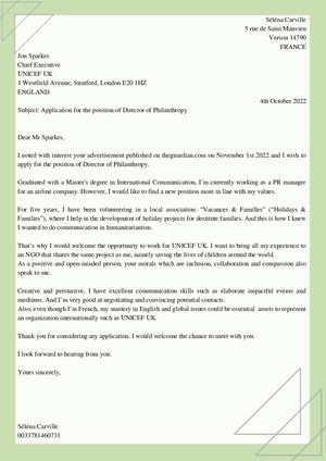 Anglais, Lettre De Motivation Unicef Séléna Carville