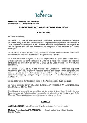 ARRETE 1419-2023 portant délégation de fonctions