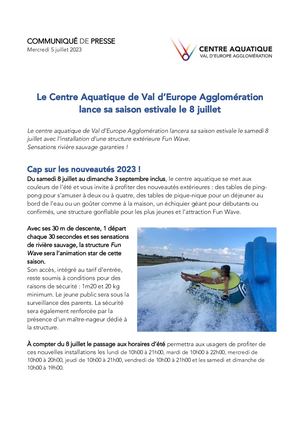 LE CENTRE AQUATIQUE DE VAL D'EUROPE AGGLOMÉRATION LANCE SA SAISON ESTIVALE LE 8 JUILLET