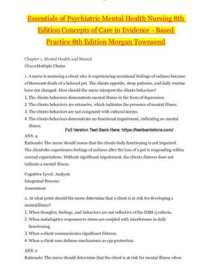 Test Bank Essentials Of Psychiatric Mental Health Nursing 8th Edition Concepts