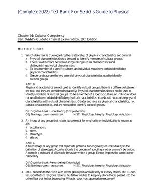 Test Bank For Seidel's Guide to Physical Examination An Interprofessional Approach 10th Edition by Jane W. Ball, Joyce E. Dains