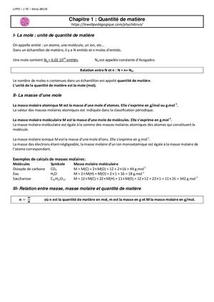 1PC 01 quantité de matière