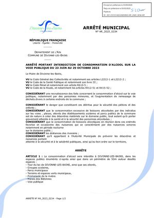 Ar 2023 0234 Interdiction De Consommation D'alcool Voie Publique Du 23 Juin Au 29 Octobre 2023
